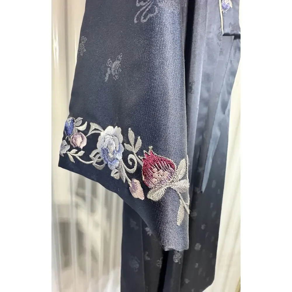 Vintage Chinese Kimono In Deep Navy Blue With Embroidery And Jacquard Size L